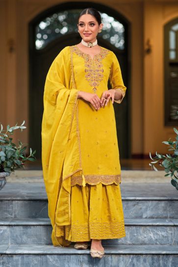 Art Silk Fabric Sangeet Wear Embroidered Yellow Color Readymade Palazzo Suit
