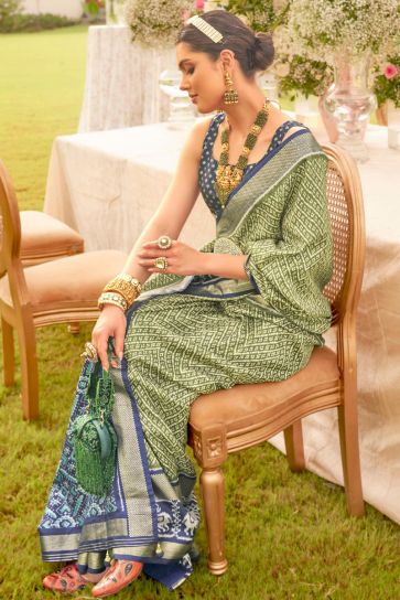 Glorious Look Art Silk Fabric Sea Green Color Printed Patola Saree