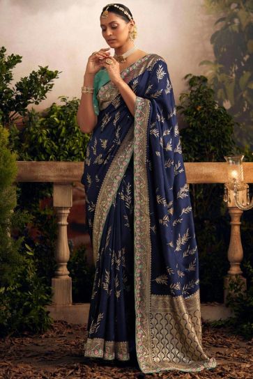 Navy Blue Color Weaving Work Art Silk Fabric Saree With Contrast Blouse