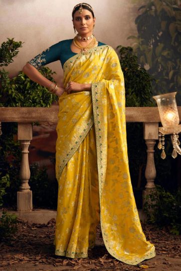 Lavishing Yellow Color Art Silk Fabric Weaving Work Saree With Contrast Blouse