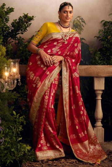 Dola Silk Fabric Weaving Work Red Color Festive Wear Saree With Contrast Blouse