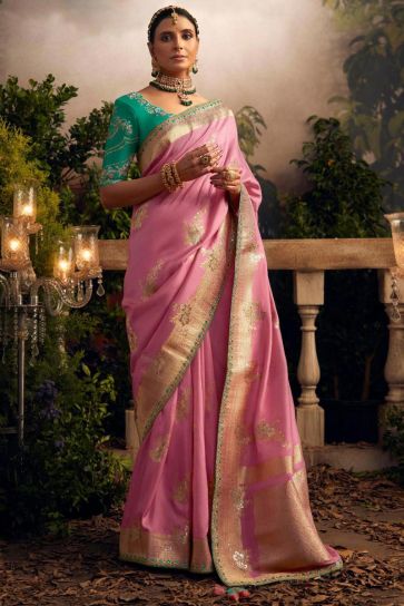 Dola Silk Fabric Weaving Work Pink Color Saree With Contrast Blouse