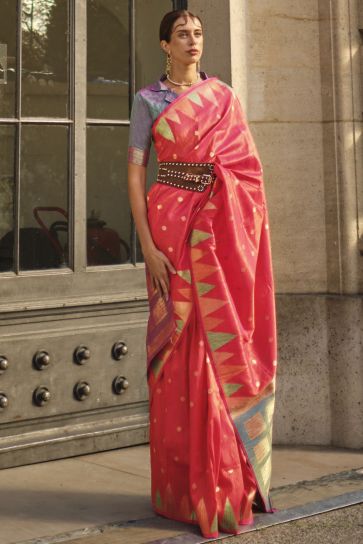 Creative Handloom Weaving Pink Color Art Silk Saree
