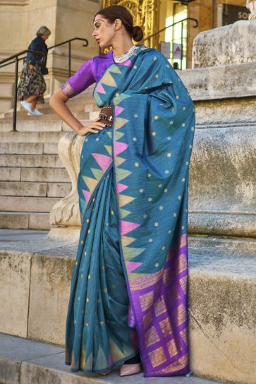 Art Silk Fabric Teal Color Function Wear Designer Handloom Weaving Saree