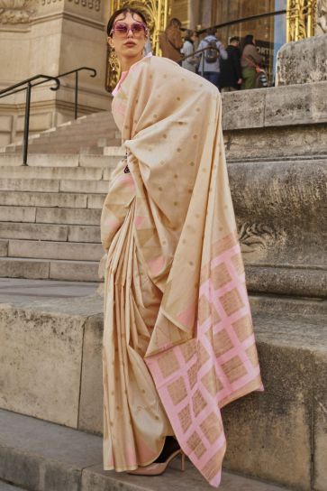 Tempting Art Silk Beige Color Handloom Weaving Saree