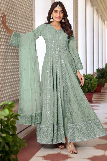 Georgette Embroidered Anarkali Suit In Sea Green Color