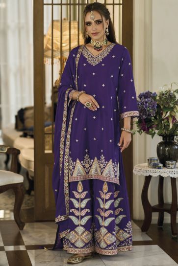 Purple Color Embroidered Readymade Palazzo Salwar Suit In Chinon Fabric