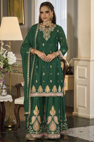 Embroidered Dark Green Color Readymade Palazzo Salwar Suit In Chinon Fabric