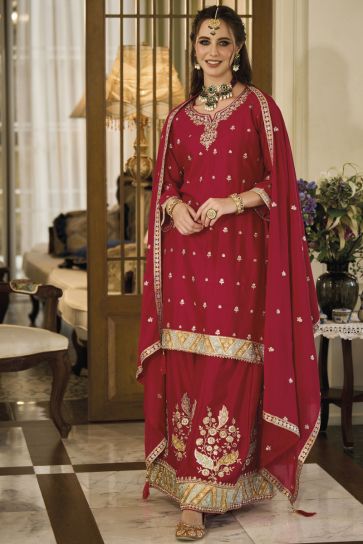 Chinon Fabric Red Color Embroidered Readymade Palazzo Salwar Kameez