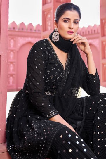 Georgette Wondrous Readymade Function Wear Palazzo Suit In Black Color