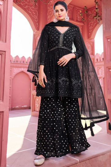 Georgette Wondrous Readymade Function Wear Palazzo Suit In Black Color