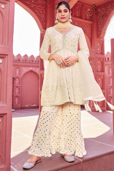 Function Wear Vintage Readymade Georgette Palazzo Suit In Beige Color