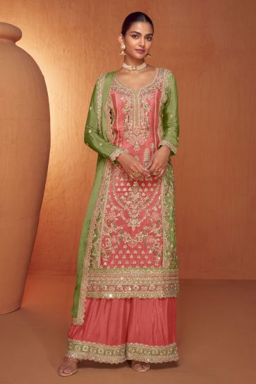 Excellent Chinon Fabric Pink Color Readymade Palazzo Suit