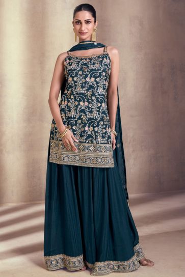 Diksha Singh Teal Color Georgette Fabric Function Wear Tempting Palazzo Suit