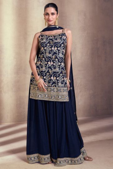 Diksha Singh Georgette Fabric Function Wear Beatific Palazzo Suit In Blue Color