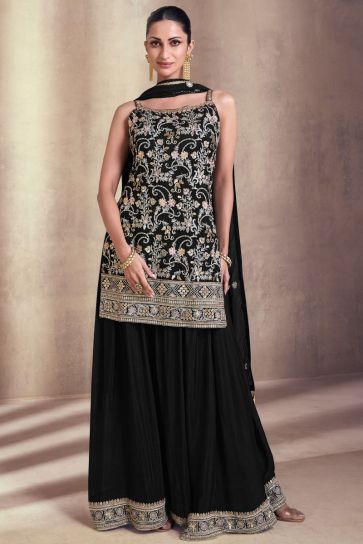 Diksha Singh Function Wear Black Color Inventive Palazzo Suit In Georgette Fabric
