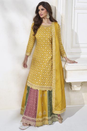 Yellow Color Chinon Silk Fabric Embroidered Readymade Designer Sharara Top Lehenga