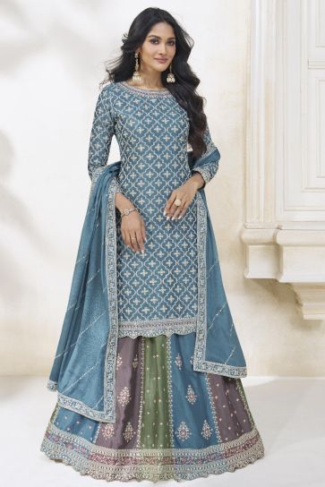Blue Color Party Wear Readymade Designer Sharara Top Lehenga In Chinon Silk Fabric