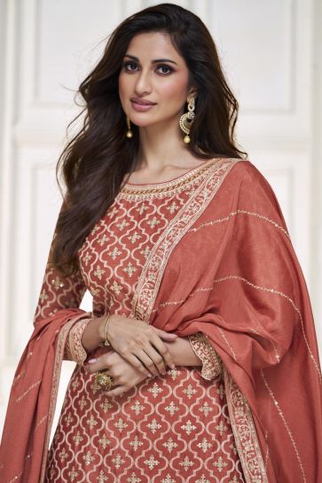 Embroidered Sangeet Wear Readymade Designer Sharara Top Lehenga In Chinon Silk Fabric Maroon Color