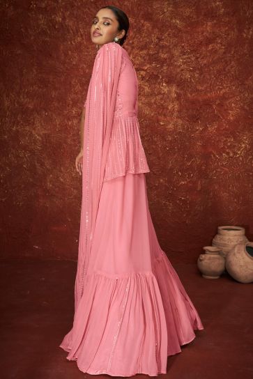Pink Color Embroidered Patterned Georgette Palazzo Suit