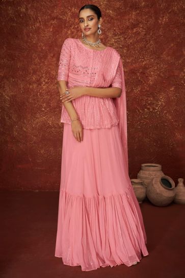 Pink Color Embroidered Patterned Georgette Palazzo Suit