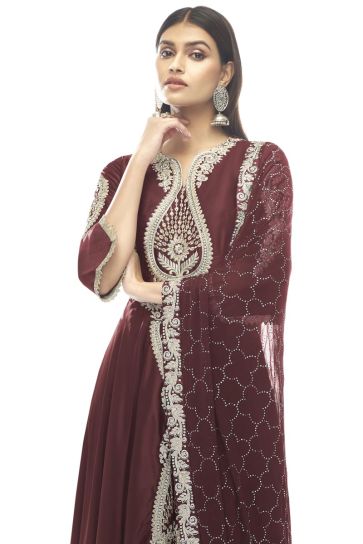 Maroon Color Function Wear Delicate Anarkali Suit In Satin Fabric