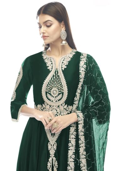 Function Wear Satin Fabric Dark Green Color Stylish Anarkali Suit 