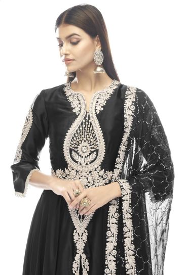Function Wear Black Color Beautiful Anarkali Suit In Satin Fabric