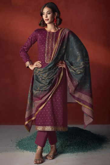 Maroon Color Viscose Fabric Alluring Embroidered Salwar Suit