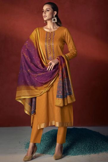 Viscose Fabric Mustard Color Embroidered Elegant Salwar Suit