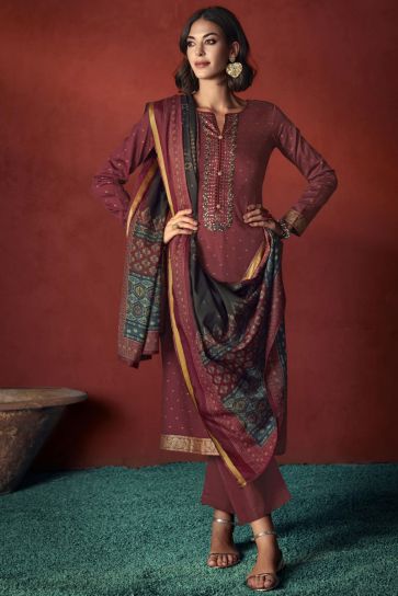 Brown Color Viscose Fabric Embroidered Vintage Salwar Suit