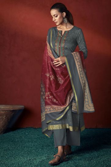 Viscose Fabric Embroidered Lovely Salwar Suit In Grey Color