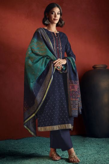 Viscose Fabric Embroidered Beatific Salwar Suit In Navy Blue Color
