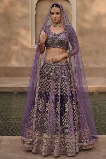 Lycra Fabric Bridal Readymade Lehenga Choli With Embroidery Work In Purple Color