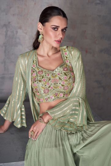 Eugeniya Belousova Sea Green Color Gorgeous Georgette Readymade Indo Western Palazzo With Shrug 