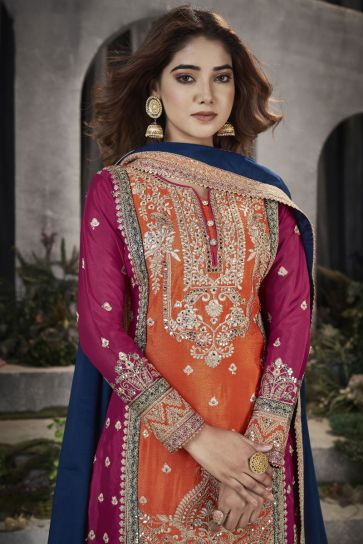 Orange Color Chinon Fabric Embroidered Festive Wear Readymade Punjabi Style Palazzo Suit