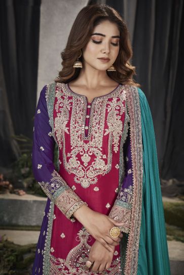 Chinon Fabric Embroidered Rani Color Festive Wear Readymade Punjabi Style Palazzo Suit