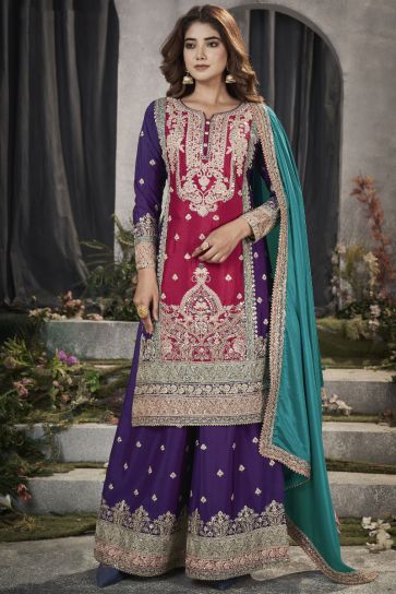 Chinon Fabric Embroidered Rani Color Festive Wear Readymade Punjabi Style Palazzo Suit