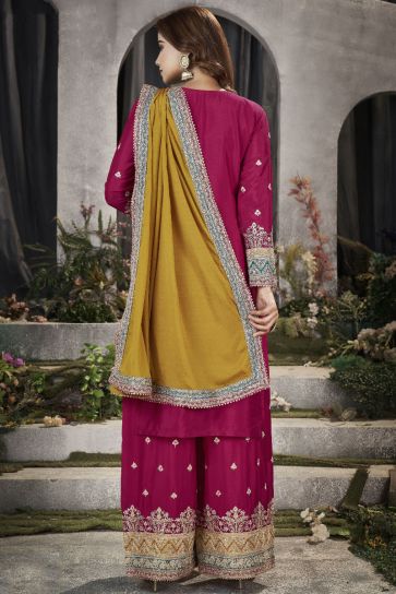 Chinon Fabric Embroidered Festive Wear Readymade Punjabi Style Palazzo Suit In Cyan Color