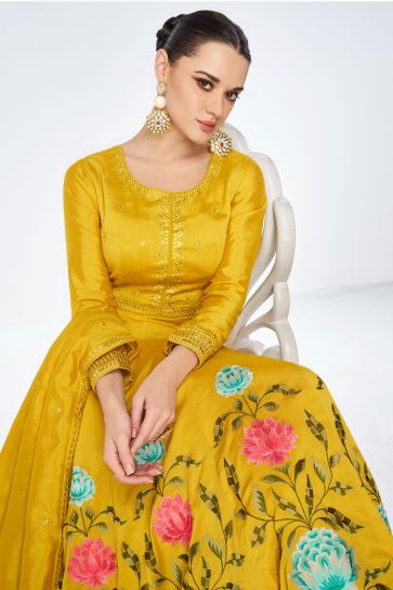 Eugeniya Belousova Yellow Color Captivating Readymade Gown With Dupatta In Art Silk Fabric