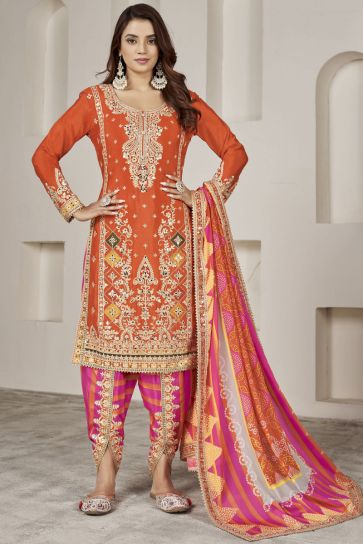 Function look Chinon Fabric Readymade Patiala Suit in Orange Color