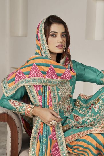 Cyan Color Chinon Fabric Readymade Patiala Suit with Embroidered Work