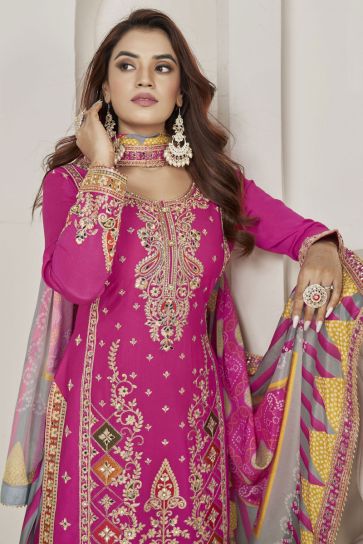 Stunning Rani Color Chinon Fabric Readymade Patiala Suit for Function