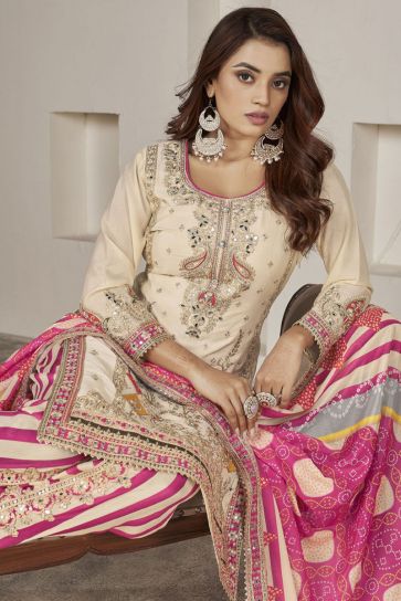Beige Color Chinon Fabric Readymade Patiala Suit for Function Wear