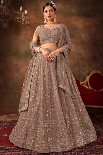 Embroidered Brown Color Wedding Wear Designer Lehenga Choli In Georgette Fabric