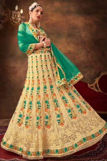 Beige Color Wedding Lehenga Choli In Net Fabric