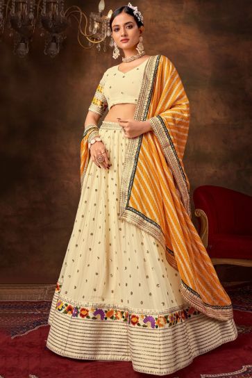 DRESSTIVE White & Gold-Toned Embroidered Semi-Stitched Lehenga & Unstitched  Blouse With Dupatta - Absolutely Desi