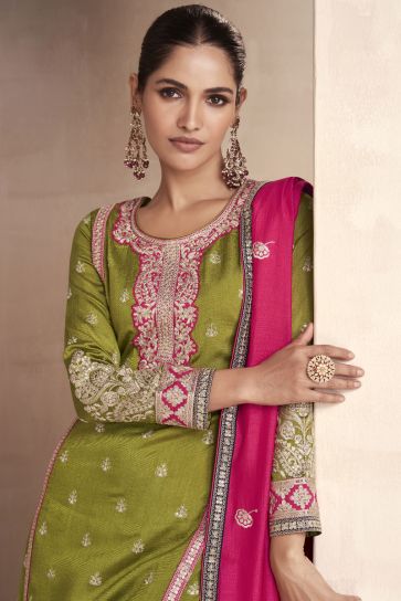 Art Silk Fabric Embroidered Designer Readymade Palazzo Salwar Kameez In Green Color
