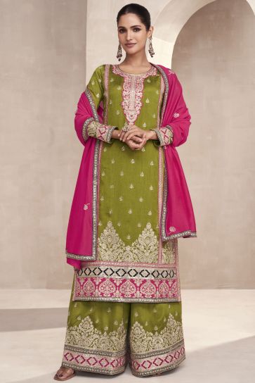 Art Silk Fabric Embroidered Designer Readymade Palazzo Salwar Kameez In Green Color