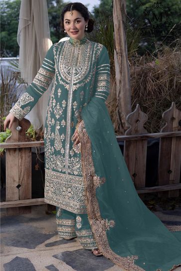 Radiant Sea Green Color Georgette Fabric Pakistani Replica Palazzo Suit
